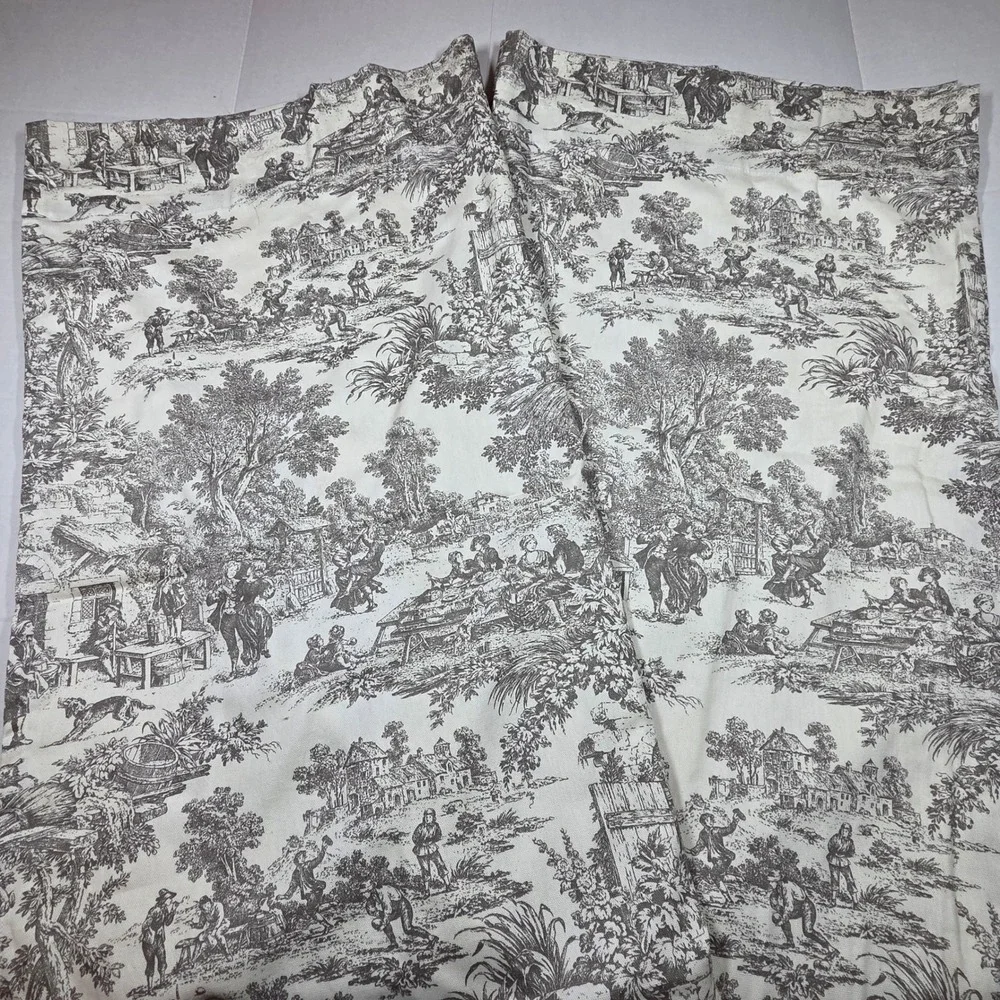 Vintage French Country Toile Curtains Set 2 Cotton Pastoral Scene Cream Grey